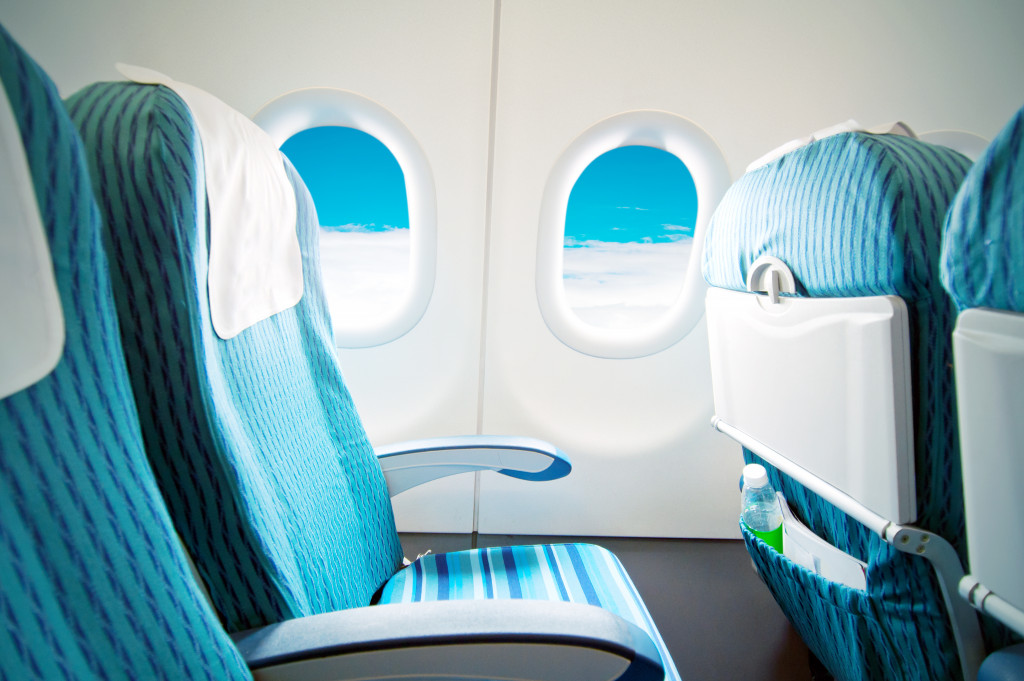 a blue plane seat